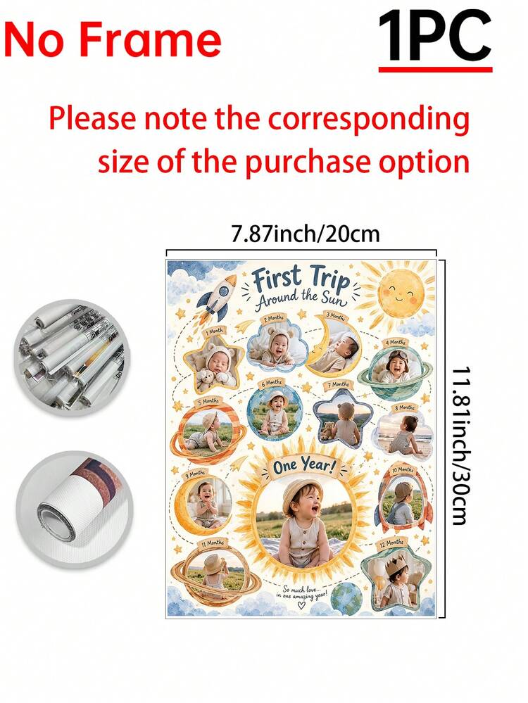 1件 First Trip Around The Sun 1歲生日照片板 太空里程碑海報 12個月拼貼客製化海報，成人臥室裝飾，客製化牆面藝術，照片客製化，可客製化物品，房間裝飾，可選相框 - 彩色 - 查看 12