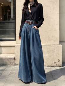 Women's Casual Elegant Denim Wide Leg Pants, With Pockets, Long Washed Fabric, Slightly Elastic, Suitable For Autumn Wear (No Belt) - Vintage Washed Blue - View 5