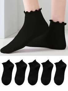 1/3/5/10 Pasang Kaos Kaki Wanita Warna Polos Manis Lucu Gaya Jepang Hitam Tipis dengan Tepi Digulung - Hitam - View 2