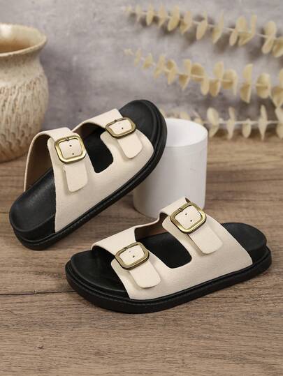 Kids Beige Double Strap Slide Sandals, Summer Boys & Girls Vintage Non-Slip Soft Sole Outdoor Casual Versatile Comfortable Slip-On Slippers