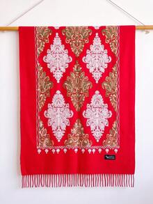 1pc Women's Autumn/Winter Faux Cashmere Embroidered Scarf, Thick Warm Tassel Shawl Cape, Bohemian Style Travel Wrap - Red - View 2