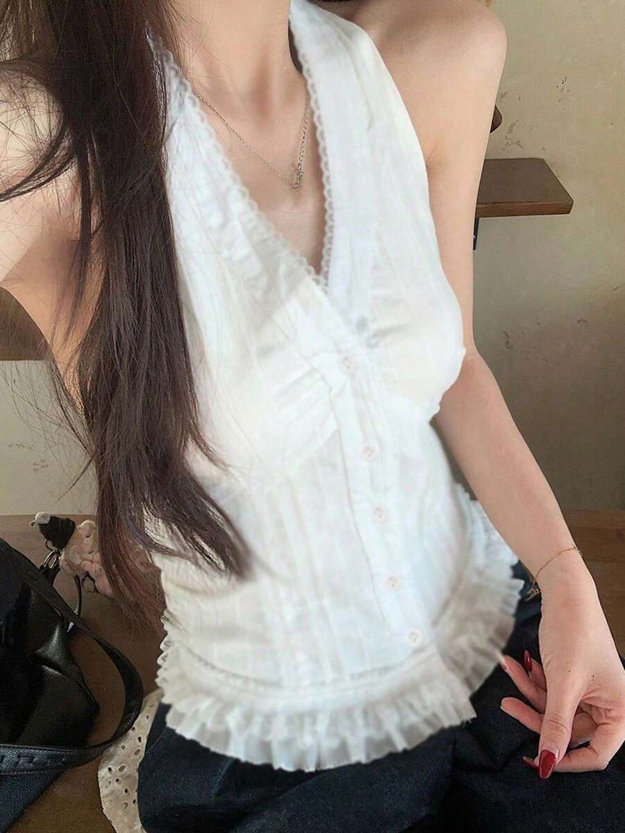 女士无袖吊带衫,法式优雅蕾丝V领吊带背心,休闲白色夏季款 - 白色 - 查看 1