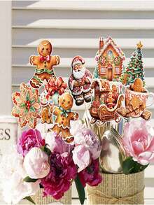 9pcs/Set Hiasan Meja Bentuk Manusia Kue Jahe Natal, Hiasan Tengah Meja Bentuk Kereta Santa, Rumah Kue Jahe, Pohon Natal, Dekorasi Meja Pesta Natal Musim Dingin - A - View 5