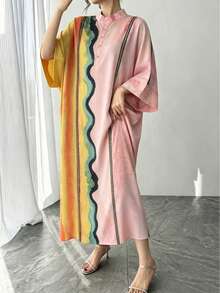 1pc Women's Multi-Color Geometric Line Print Craft Small Stand Collar Single-Breasted Raglan Sleeve Super Loose Long Pullover Casual Dress Elegant Dress Luxury Holiday Evening Party Gown Loose Robe Perfect Vacation Holiday Gift For Mom Daughter Wife Girlfriend - Multicolor - View 6