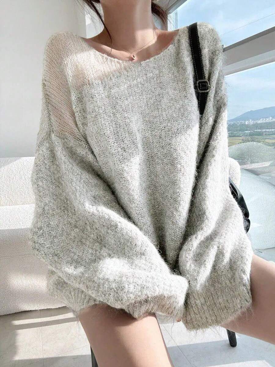 Women's Designer Long Sleeve Sweater, Slouchy Base Layer Top - Light Grey - View 1