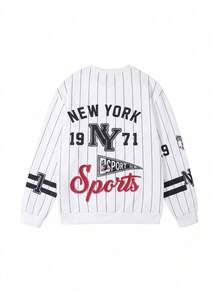 1pc Women's White Striped New York Print Sweatshirt, Street Style Retro Pullover, Suitable For Street Photography, Campus, Commute And Daily Wear - White - View 3