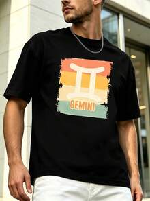 Vintage Gemini Zodiac Sign T-Shirt, 100% Cotton, Crew Neck, Relaxed Fit, With Graphic. - Black - View 6