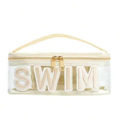 Clear Waterproof Summer SWIM Makeup Bag Aesthetic Transparent Letter Patch Cosmetic Bag Preppy Beach Pool Zipper Pouch Summer Organizer Toiletry Bag For Women Girl Swimmer Gifts 05SWIM Beige