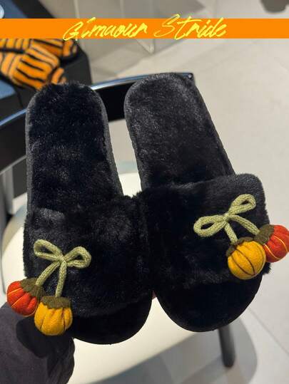 Pantuflas de peluche con lazo y cabeza de calabaza de Halloween, pantuflas de peluche negro vintage de interior con punta abierta, decoración de calabaza linda de otoño, pantuflas esponjosas, pantuflas de peluche suave para dormitorio, pantuflas de peluche vintage con lazo de cereza y calabaza para mujer, pantuflas de peluche negro para el hogar, pantuflas antideslizantes