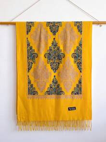 1件女款秋冬仿羊絨刺繡圍巾，加厚保暖流蘇刺繡波西米亞風旅行披肩斗篷 - 黃色 - 查看 2
