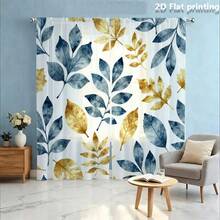 2PCS Botanical Leaf Print Sheer Curtains, Blue And Gold Leaves Pattern Window Panels, Lightweight Voile Curtains, Light Filtering Rod Pocket Drapes For Living Room Bedroom Home Decor - Multicolor - View 6