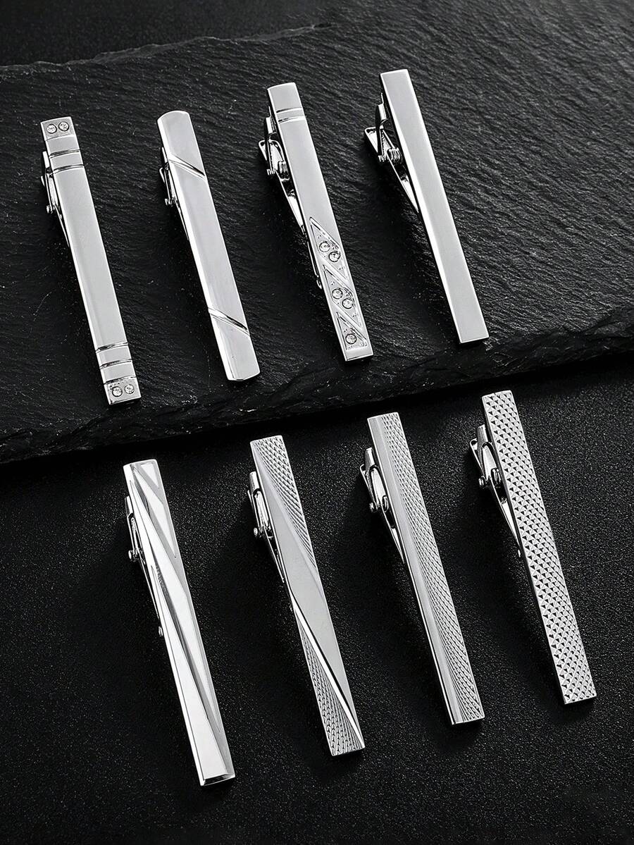 4/8 Pcs Men Classic Silver Tie Clip, 8 Styles Metal Necktie Bar Clasp, Business Wedding Formal Suit Accessory, Gift For Gentleman - Silver - View 1