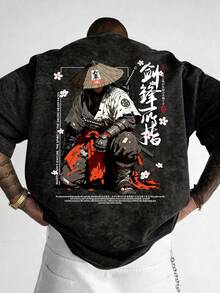 Men's Summer Casual Versatile Masked Martial Arts & Snowflake Print Short Sleeve T-Shirt - Black - View 1