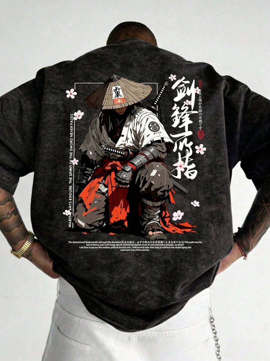 Men's Summer Casual Versatile Masked Martial Arts & Snowflake Print Short Sleeve T-Shirt - Black - View 1