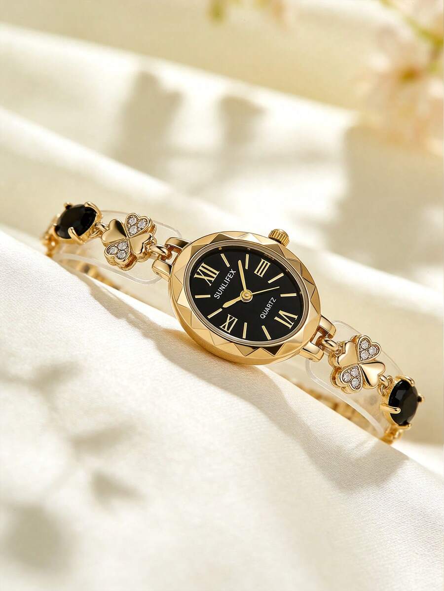 1 Pc Women's Jewelry Oval Dial Quartz Watch Gold Alloy Design Sense Watch Retro Temperament Light Luxury Gift Women's Watch - Black - View 1