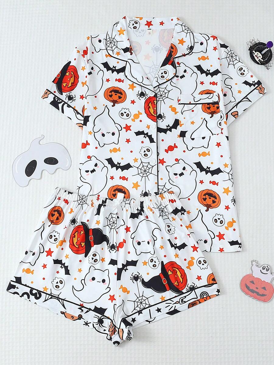2pcs Halloween Ghost & Pumpkin Print Short Sleeve Collared Top And Bow Shorts Women's Pajama Set Loungewear - White - View 1