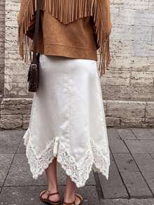 Women's White Satin Mid-Length Skirt, Lace Asymmetrical Hemline Inner Skirt, Paris Style Vintage Romantic Old Money Luxury High Waist Skirt For Autumn/Winter - White - View 10