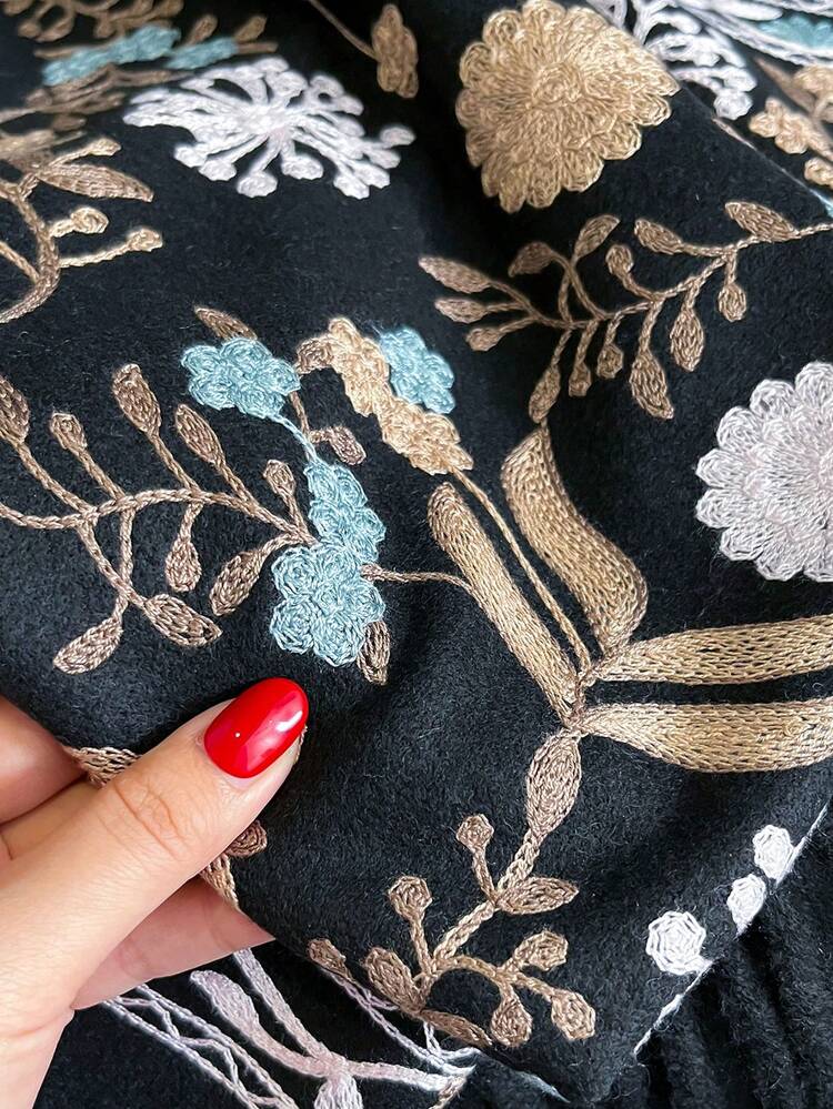 1pc Women's Autumn/Winter Faux Cashmere Embroidered Scarf, Thick Warm Tassel Embroidery Bohemian Style Travel Shawl Cape - Black - View 3