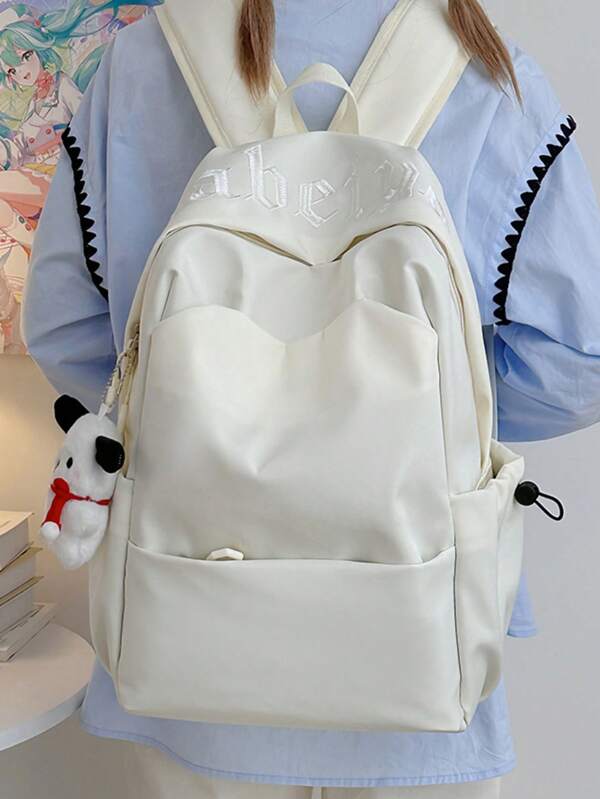 1pc Boys Girls Solid Color Embroidered Letter Nylon Zipper Closure Minimalist Backpack Student School Bag Suitable For All Seasons Daily Use Without Pendant