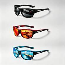 Men's 3-Color Set Wrap-Around Sports Cycling Glasses, Contrast Color Non-Slip Soft Rubber Temples, Iridescent Coated Lenses, Suitable For Cycling, Fishing, Driving, Beach Outdoor - Multicolor - View 3