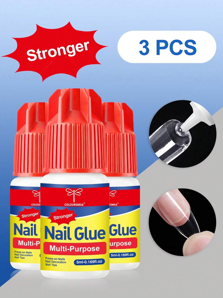 COLOURSMILE Super Strong Nail Glue, 1/2/3pcs/Set 5ml/Bottle, Quick Dry Waterproof Long Lasting, Suitable For Artificial Nails, Essential Item - Clear - View 1