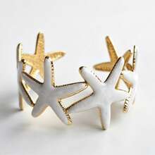White Collection Stainless Steel Enamel Adjustable Open Cuff Bracelet, Starfish Shell Heart Design, Minimalist Fashion Summer Beach Romantic Nautical Personalized Stackable Vintage Clothing Accessory - White - View 18