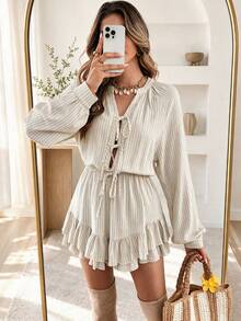 Women's Striped Print Casual Elegant Tie-Front Long Sleeve Shirt And Elastic Waist Ruffle Hem Shorts Set, Suitable For Beach, Vacation And Daily Wear, Spring/Summer - Apricot - View 2