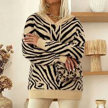 Plus Size Animal Print Hooded Knit Dress, Loose Long Sleeve Drawstring Pullover Top, Women's Winter Outdoor Vacation Outfit - Khaki - View 1