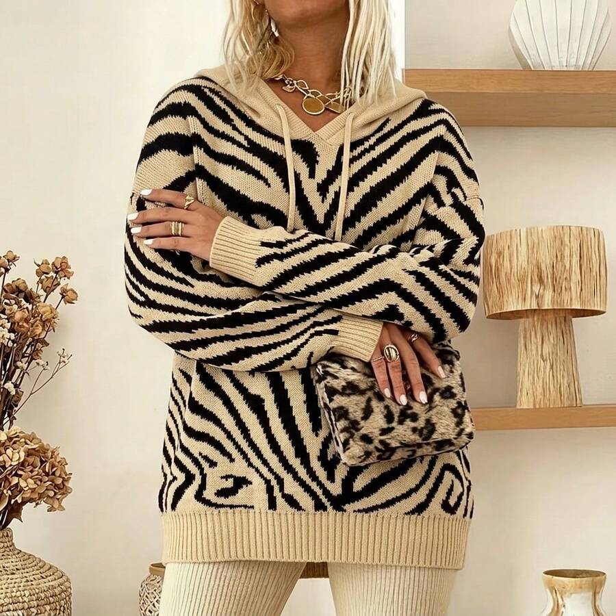 Plus Size Animal Print Hooded Knit Dress, Loose Long Sleeve Drawstring Pullover Top, Women's Winter Outdoor Vacation Outfit - Khaki - View 1