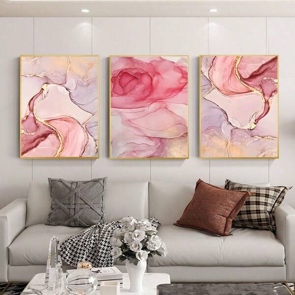 3 piezas/Set, Arte de pared en lienzo de mármol rosa abstracto moderno para decoración de sala de estar - Póster y impresión de alta gama - Decoración del hogar llamativa, sin marco