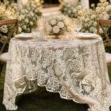1pc Polyester Tablecloth, Elegant White Lace, Floral Pattern, Embroidered Design, Machine Made, Home Tablecloth, Square/Rectangular, Suitable For Wedding, Birthday, Thanksgiving, New Year, Home Decor, Hawaiian Theme - Apricot Embroidery - View 1