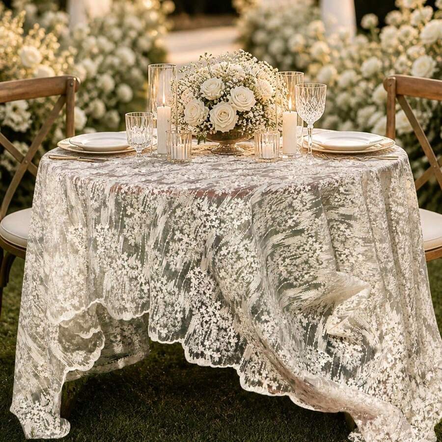 1pc Polyester Tablecloth, Elegant White Lace, Floral Pattern, Embroidered Design, Machine Made, Home Tablecloth, Square/Rectangular, Suitable For Wedding, Birthday, Thanksgiving, New Year, Home Decor, Hawaiian Theme - Apricot Embroidery - View 1