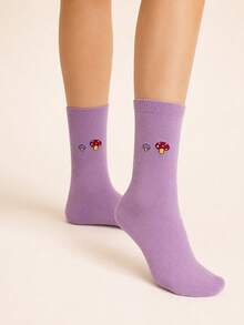 5 Pairs Small Mushroom Solid Color Thick Terry Mid-Calf Socks, Autumn/Winter Daily Commute Casual Versatile Women's Socks - Multicolor - View 4
