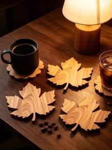 6/2pcs Thanksgiving Maple Wood Coaster Set, Autumn Tabletop Decor, Natural Wooden Coffee Cup Coasters, Rustic Farmhouse Style Kitchen And Dining Table Decoration, Holiday Home Decor Accessories - Multicolor - View 4
