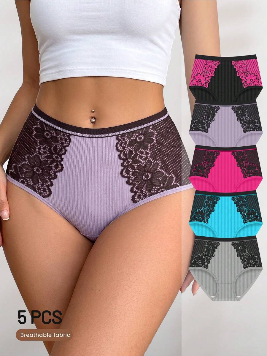 5pcs Women Plus Size Lingerie, Lace Trim Jacquard Pattern, Soft And Breathable