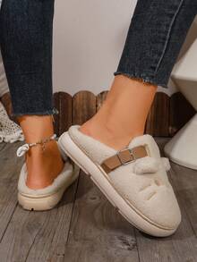 1 Pair Women Off White Cartoon Mule Slippers Buckle Decor Indoor Home Footwear - Beige - View 7