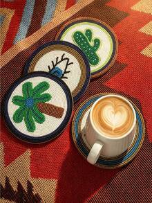 Bohemian Handmade Bead Round Coaster, Evil Eye Lips Cactus Palm Tree Pattern Decorative Drink Cup Mat, Heat Resistant Waterproof Table Protector For Coffee Tea Mug Home Kitchen Cafe Desktop Decor - Multicolor - View 3