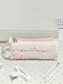 日系小眾設計 Ins 風蕾絲花卉筆袋 女款 大容量旅行便攜手提包 3D 化妝收納包 - 粉色 - 查看 3