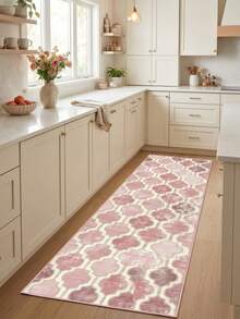 1pc European & American Classic Distressed Pink Diamond Rhombus Geometric Pattern - Runner Rug, Bathroom, Kitchen, Entrance, Doorway, Hallway, Bedside, Living Room, Bedroom, All-Season Soft Machine Washable Floor Mat, Home Decor - Multicolor - View 1