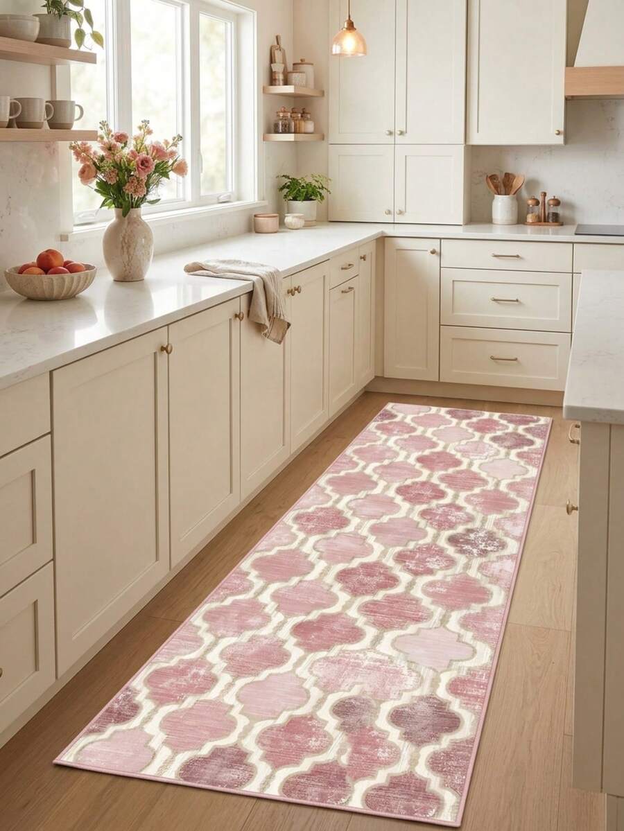 1pc European & American Classic Distressed Pink Diamond Rhombus Geometric Pattern - Runner Rug, Bathroom, Kitchen, Entrance, Doorway, Hallway, Bedside, Living Room, Bedroom, All-Season Soft Machine Washable Floor Mat, Home Decor - Multicolor - View 1