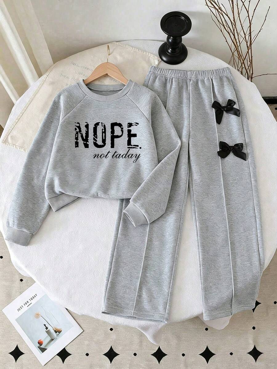 Tween Girl Letter Print Crew Neck Sweatshirt And Bow Decor Long Pants - Grey - View 1