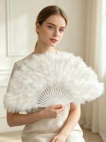 1pc Feather Folding Fan Handheld Fan, For Bachelorette Party, Wedding Party Decor, Bridal Shower, Bride Gift, Photo Prop - 25 Pieces Of ZG - View 2
