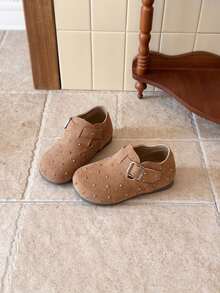 Children's Matte Rhinestone Casual Loafers, Girls' Metal Buckle Soft Sole Vintage Shoes - Camel - View 2