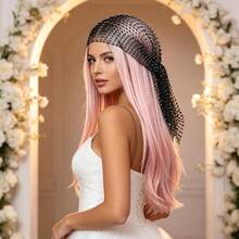 Women Rhinestone Fishnet Full Head Cover, Sparkly Crystal Mesh Head Wrap, Elegant See-Through Headpiece For Wedding Party & Photoshoot - Silver - View 9