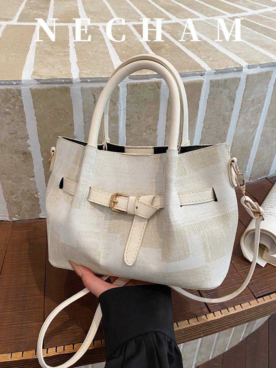 1件小眾設計手提包,附鎖扣,拼色布料與PU材質,女款斜挎包,適合上班、購物、約會與旅行 - 白色 - 查看 1