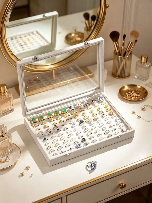 1 pieza Caja de almacenamiento de joyas de gran capacidad de lujo con tapa de vidrio y forro de terciopelo negro premium, exhibidor para anillos, aretes, collares y pulseras