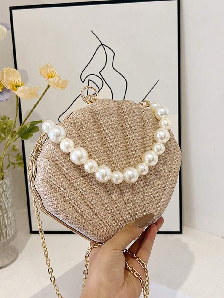 Mermaid Glitter Shell Evening Clutch, Scallop Hard Frame Bag, Pearl Handle With Detachable Chain, Women's Shiny Handbag, Suitable For Banquets And Party Events - Gold - View 3