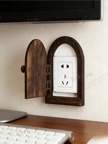 Vintage Arched Fairy Door Wooden Decorative Socket Cover, No-Drill Openable Wall Outlet Concealer Dust Cover - Brown - View 4