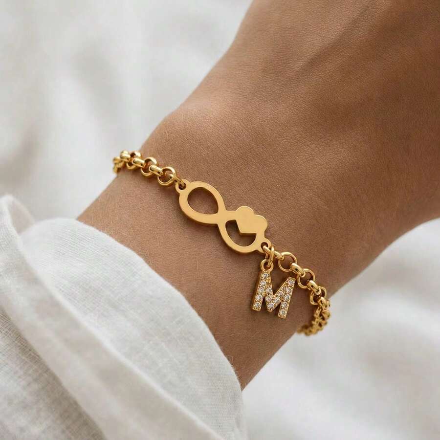 1pc New Classic Heart Infinite Symbol Initial Pendant Golden Stainless Steel Chain Bracelet For Women - Yellow Gold - View 1