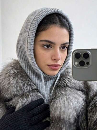 Women's Knitted Balaclava Hat, Warm Neck Warmer Scarf Hat, Earflap Beanie, Outdoor Windproof Warm Woolen Hat, Solid Color Versatile Knit Hat For Autumn And Winter